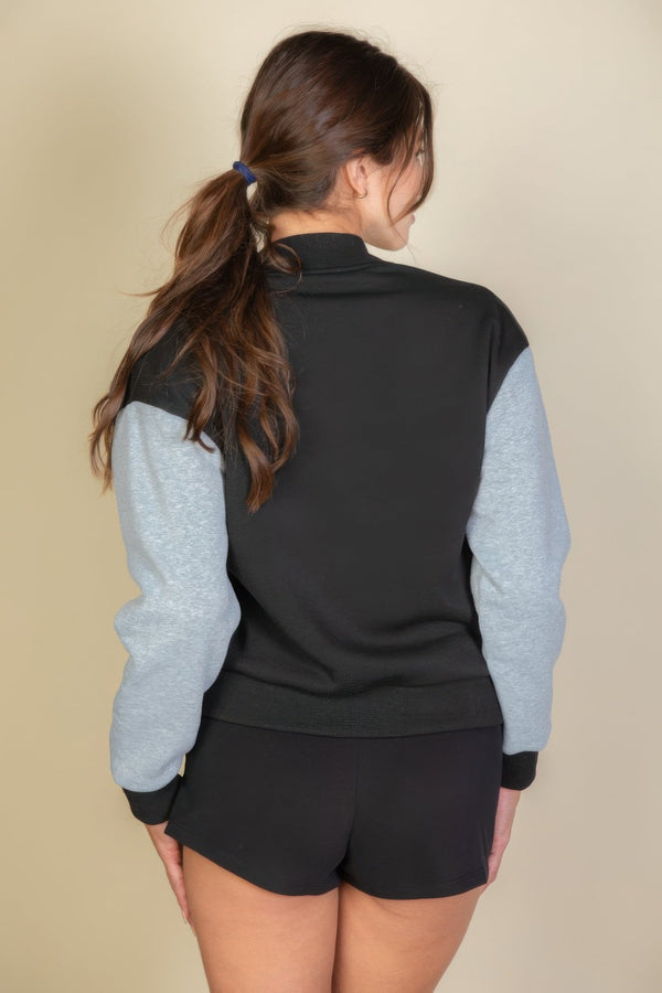 Letter Patched Striped Trim Varsity Jacket - Women's jacket - SmartBuyApparel