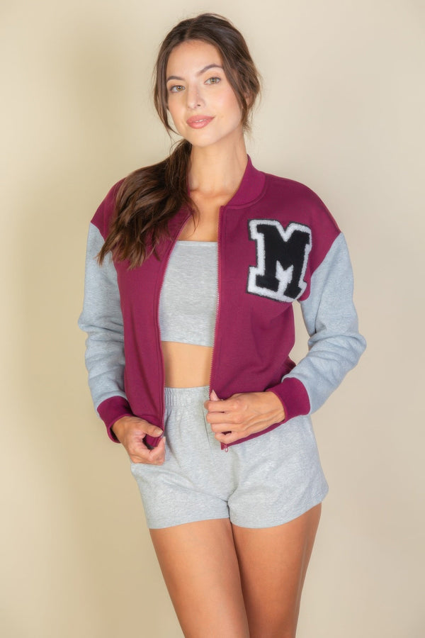 Letter Patched Striped Trim Varsity Jacket - Women's jacket - SmartBuyApparel