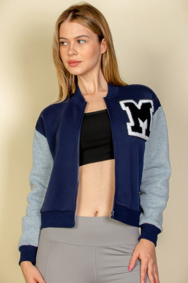 Letter Patched Striped Trim Varsity Jacket - Women's jacket - SmartBuyApparel