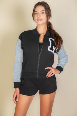 Letter Patched Striped Trim Varsity Jacket - Women's jacket - SmartBuyApparel