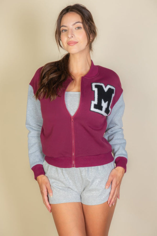 Letter Patched Striped Trim Varsity Jacket - Women's jacket - SmartBuyApparel