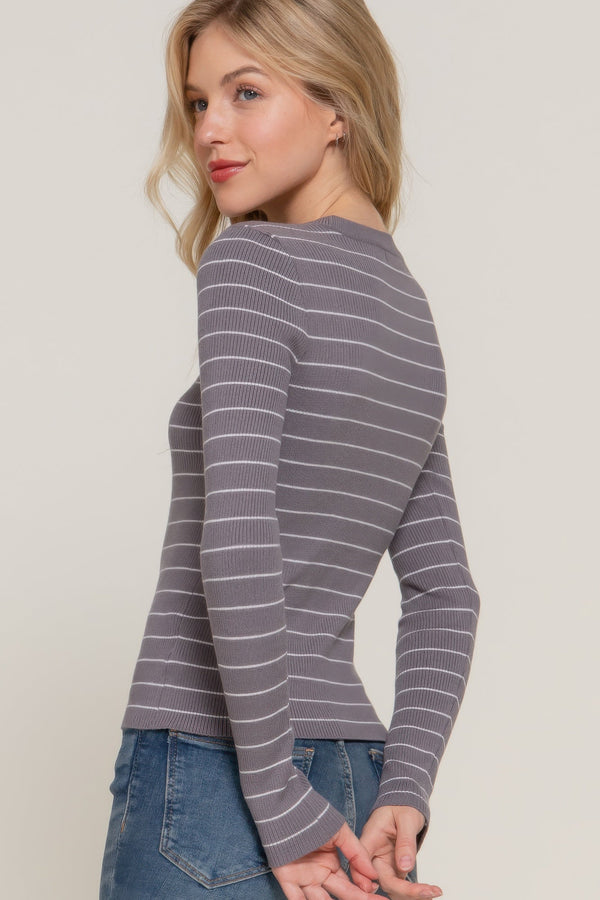 Long sleeve crew neck stripe sweater - Women's sweater - SmartBuyApparel