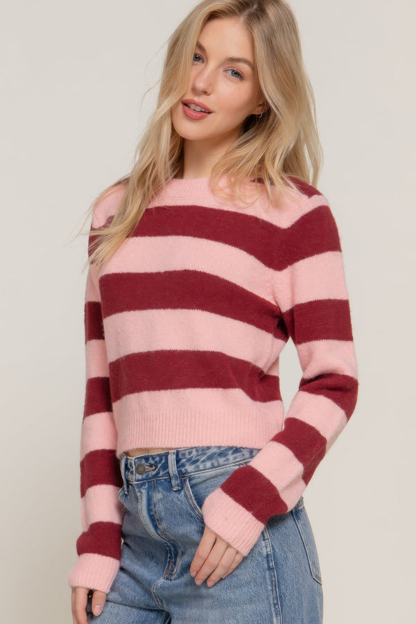 Long Sleeve Crew Neck Stripe Sweater - Women's sweater - SmartBuyApparel