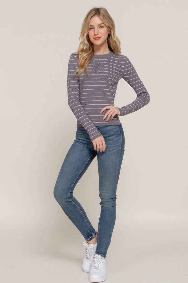 Long sleeve crew neck stripe sweater - Women's sweater - SmartBuyApparel