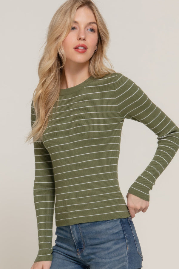Long sleeve crew neck stripe sweater - Women's sweater - SmartBuyApparel