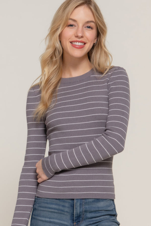 Long sleeve crew neck stripe sweater - Women's sweater - SmartBuyApparel