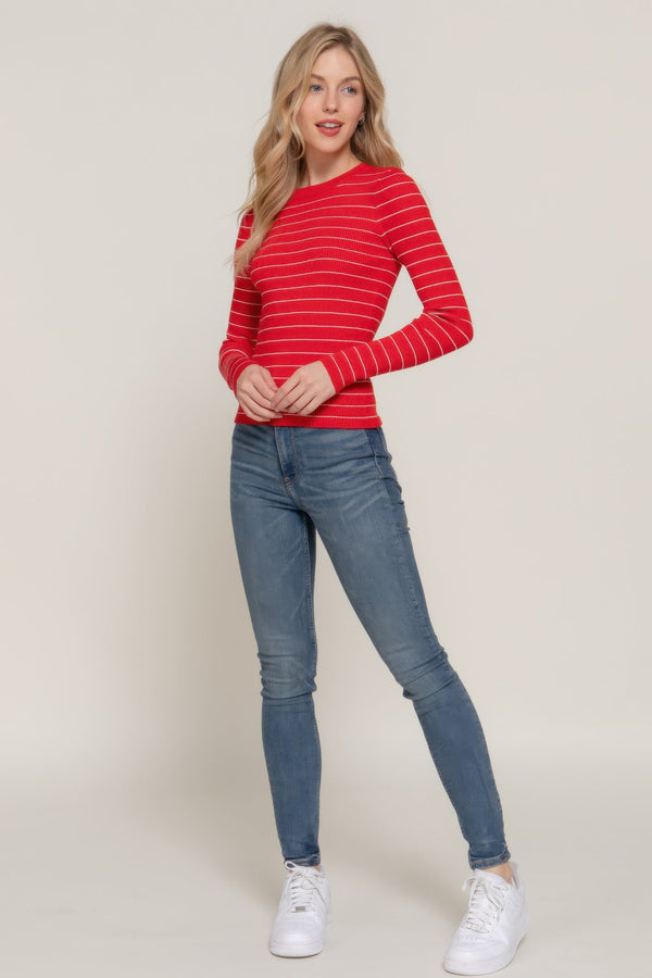 Long sleeve crew neck stripe sweater - Women's sweater - SmartBuyApparel