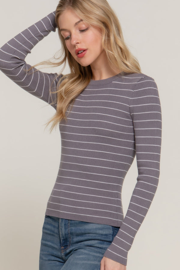 Long sleeve crew neck stripe sweater - Women's sweater - SmartBuyApparel