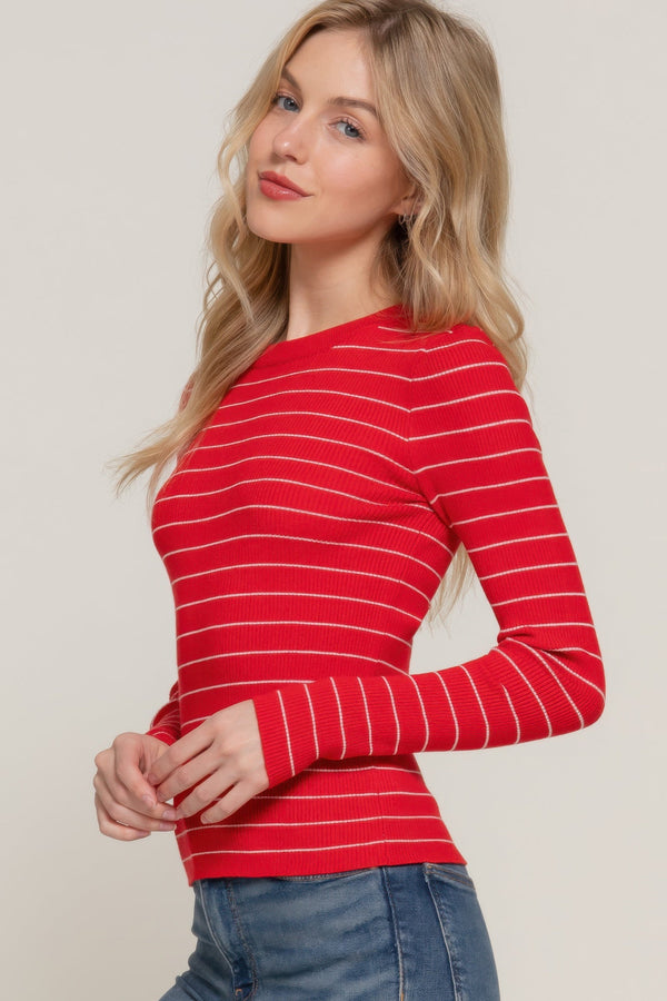Long sleeve crew neck stripe sweater - Women's sweater - SmartBuyApparel
