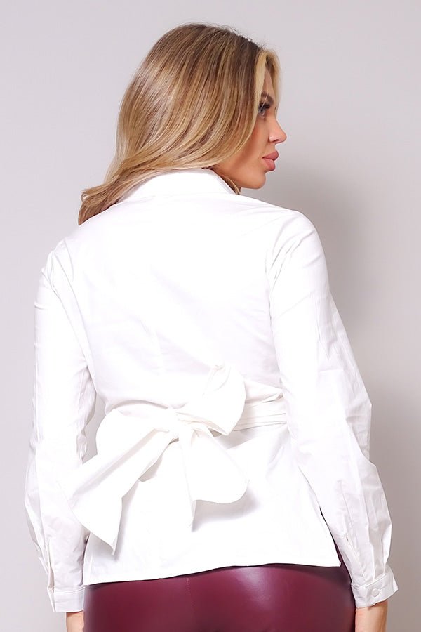 Long Sleeve Crossed Front Back Tie Button Down Cropped Shirt - women's shirt - SmartBuyApparel