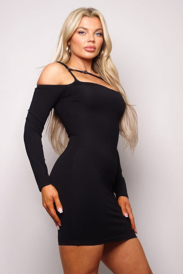 Long Sleeve Cuff Front Strap Mini Dress - Dress - SmartBuyApparel