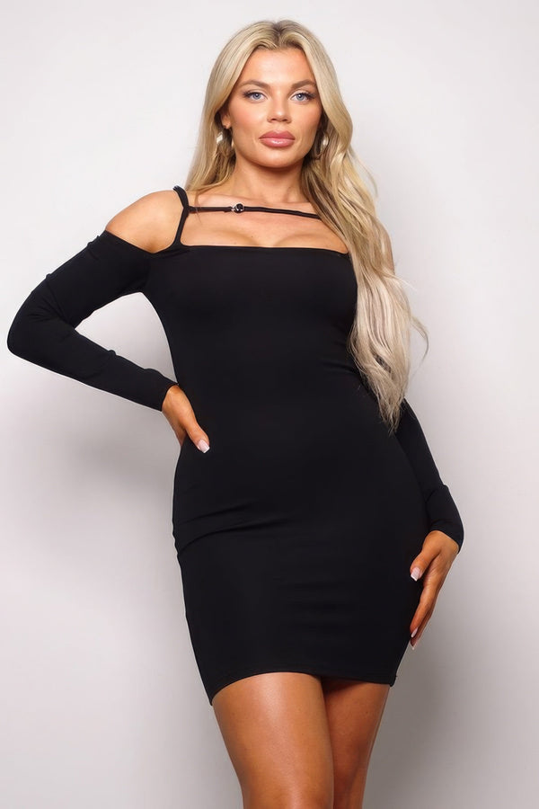 Long Sleeve Cuff Front Strap Mini Dress - Dress - SmartBuyApparel