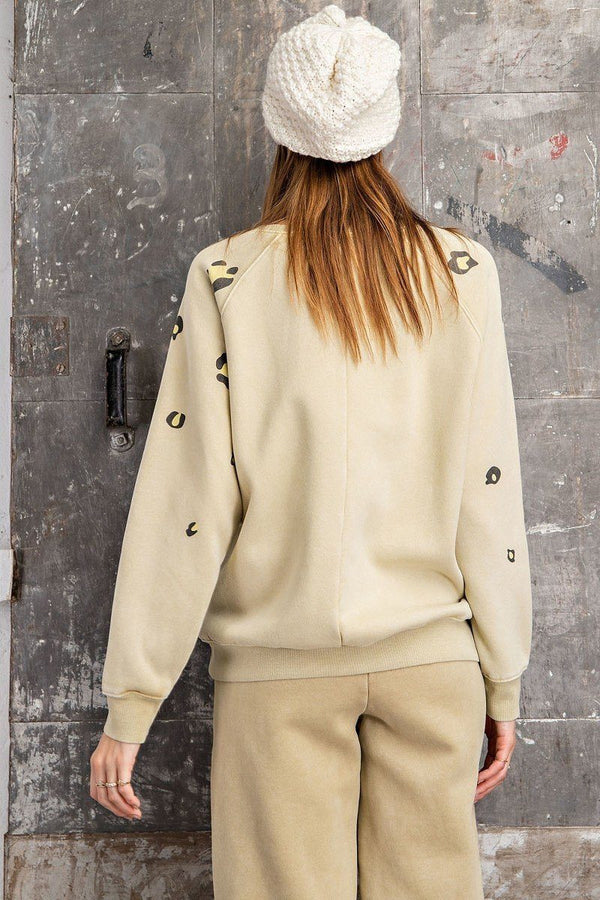 Long Sleeve Leopard Print Washed Terry Sweatshirt - women's sweatshirt - SmartBuyApparel