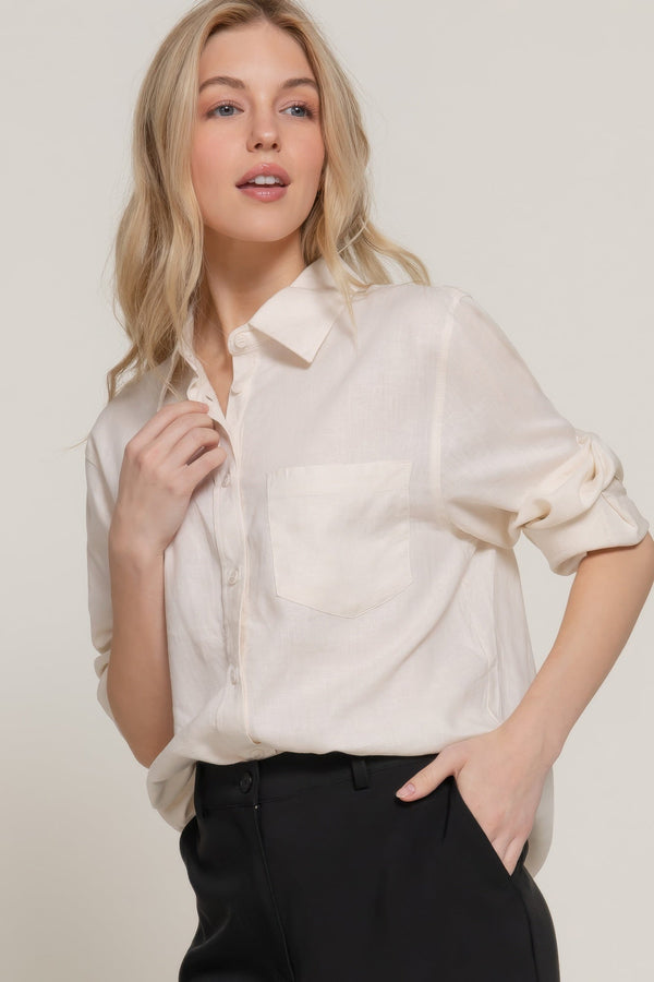 Long Sleeve Linen Blend Shirt - women's shirt - SmartBuyApparel