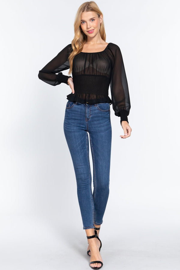 Long Sleeve Smocked Chiffon Top - Women's top - SmartBuyApparel