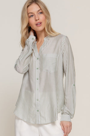 Long Sleeve Split Round Neck Stripe Woven Shirt - Women's shirt - SmartBuyApparel