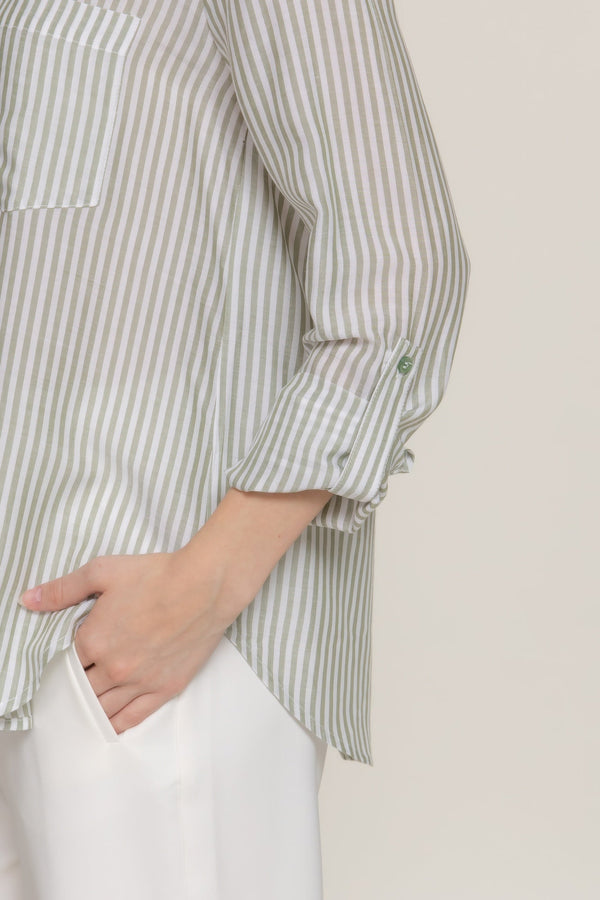 Long Sleeve Split Round Neck Stripe Woven Shirt - Women's shirt - SmartBuyApparel