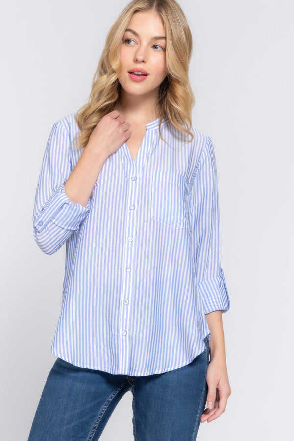 Long Sleeve Split Round Neck Stripe Woven Shirt - Women's shirt - SmartBuyApparel