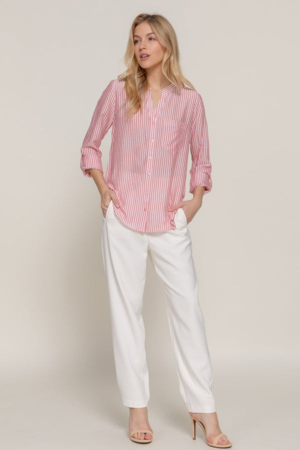 Long Sleeve Split Round Neck Stripe Woven Shirt - Women's shirt - SmartBuyApparel