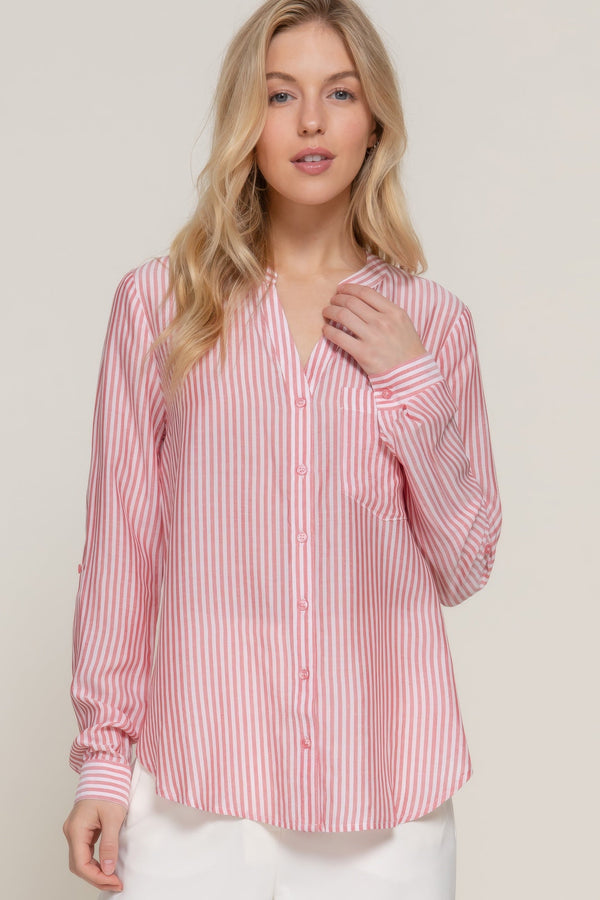 Long Sleeve Split Round Neck Stripe Woven Shirt - Women's shirt - SmartBuyApparel