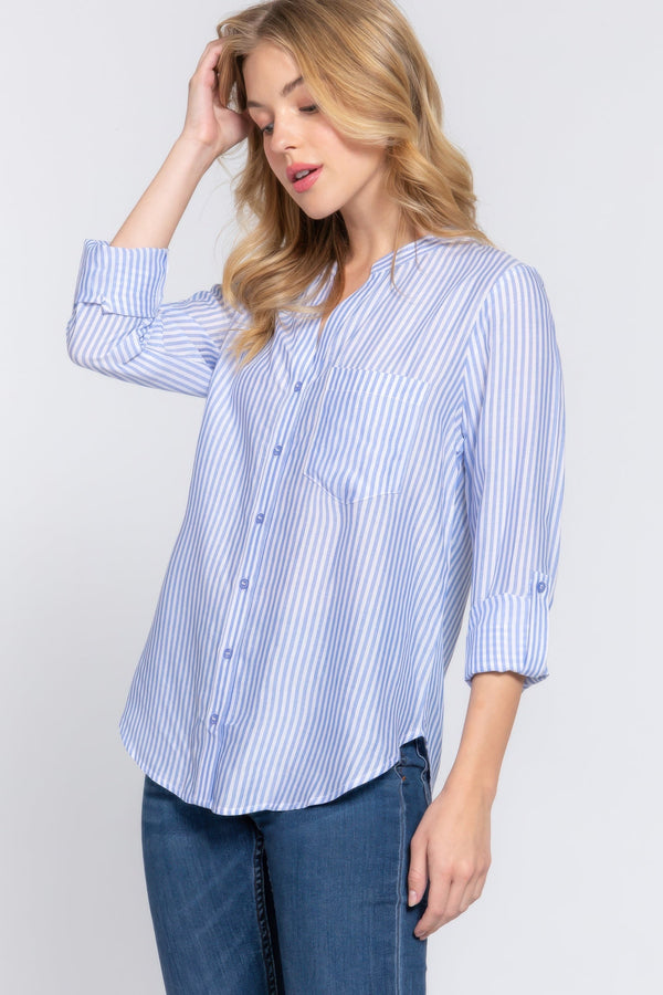 Long Sleeve Split Round Neck Stripe Woven Shirt - Women's shirt - SmartBuyApparel