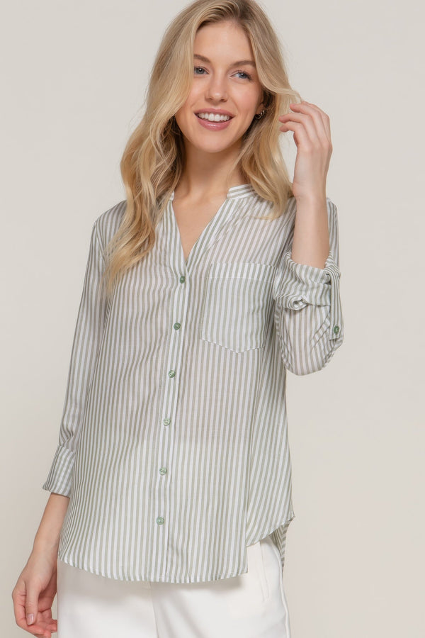 Long Sleeve Split Round Neck Stripe Woven Shirt - Women's shirt - SmartBuyApparel