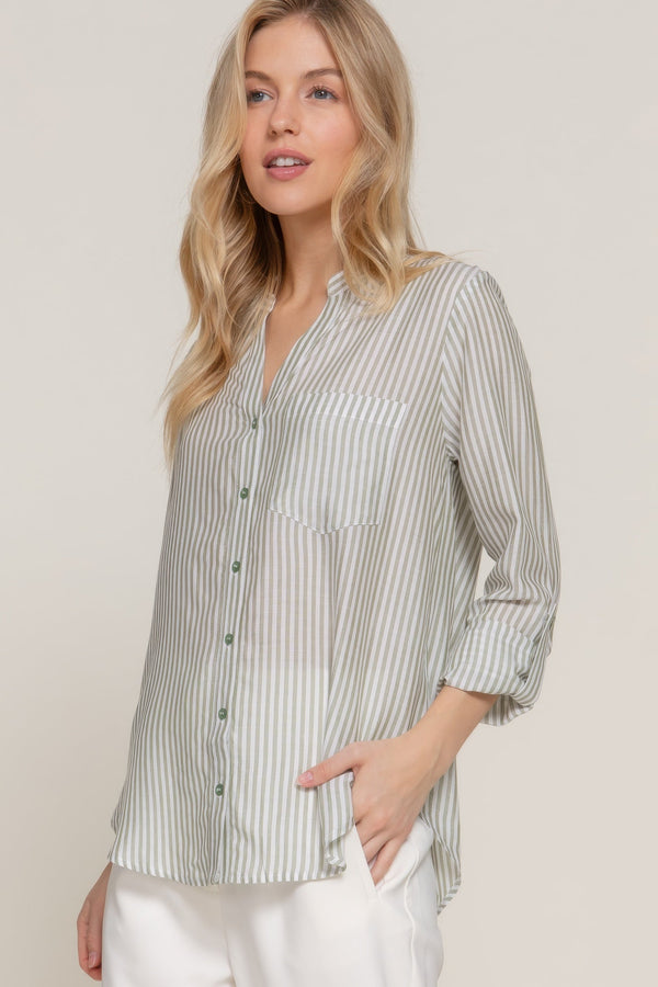 Long Sleeve Split Round Neck Stripe Woven Shirt - Women's shirt - SmartBuyApparel