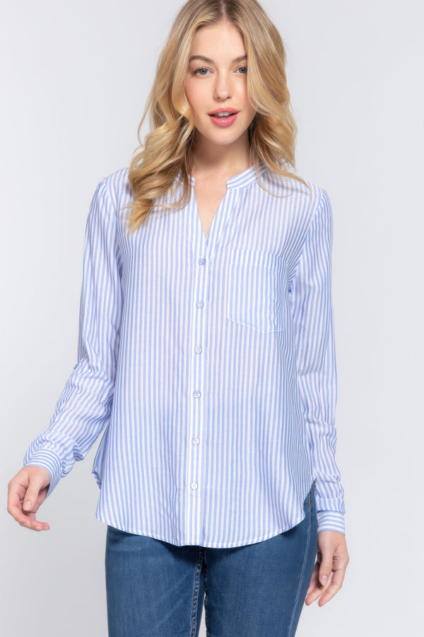 Long Sleeve Split Round Neck Stripe Woven Shirt - Women's shirt - SmartBuyApparel