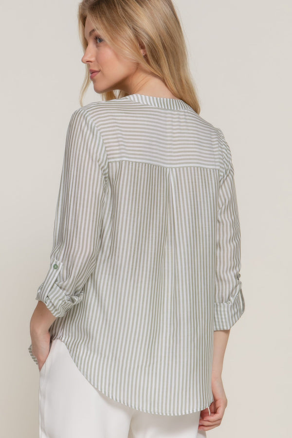 Long Sleeve Split Round Neck Stripe Woven Shirt - Women's shirt - SmartBuyApparel