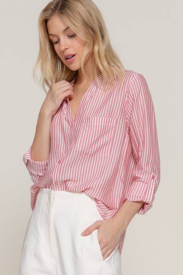 Long Sleeve Split Round Neck Stripe Woven Shirt - Women's shirt - SmartBuyApparel