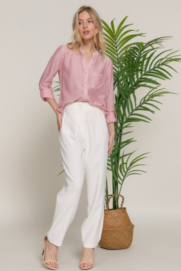 Long Sleeve Split Round Neck Stripe Woven Shirt - Women's shirt - SmartBuyApparel