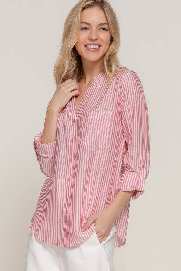 Long Sleeve Split Round Neck Stripe Woven Shirt - Women's shirt - SmartBuyApparel