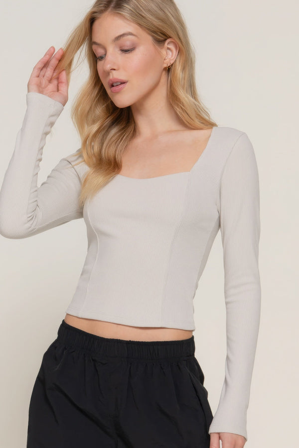 Long sleeve sweetheart neck seam detail knit top - Women's top - SmartBuyApparel