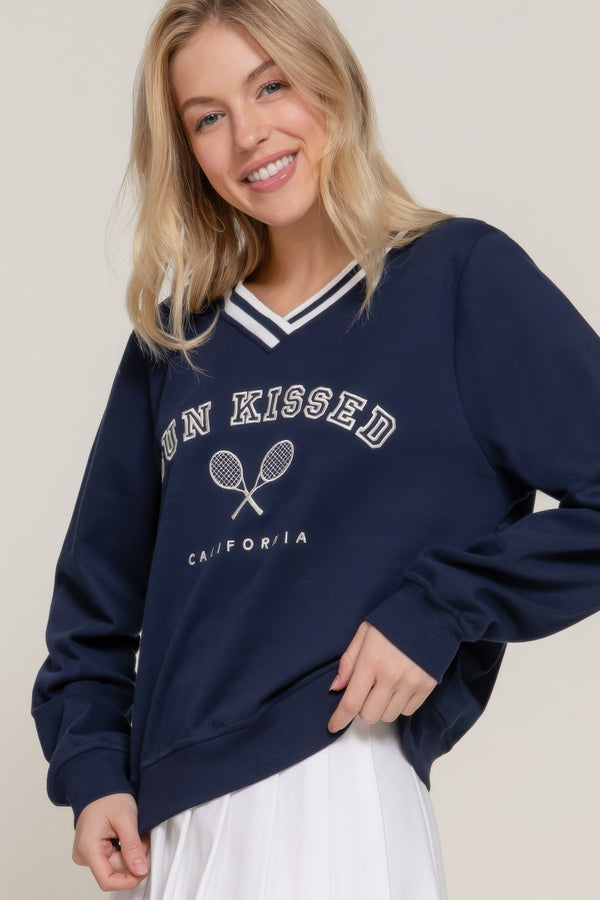 Long Sleeve V - neck Embroidered Sweatshirt - sweatshirt - SmartBuyApparel