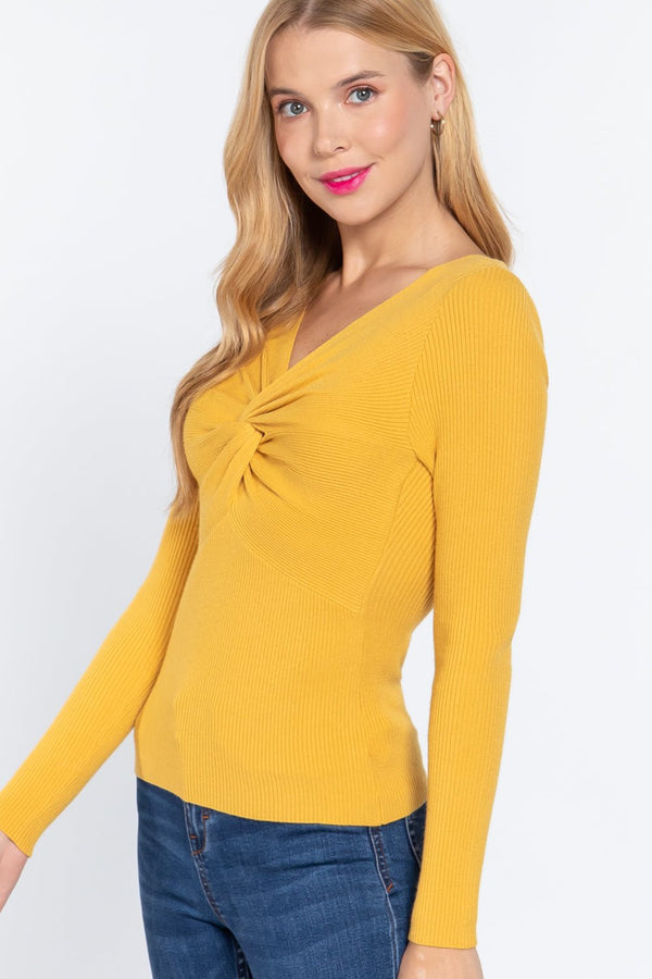 Long Sleeve V - Neck Knotted Sweater - Women's sweater - SmartBuyApparel
