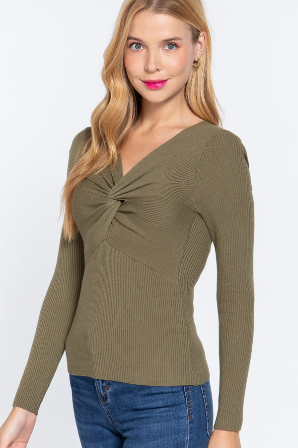 Long Sleeve V - Neck Knotted Sweater - Women's sweater - SmartBuyApparel
