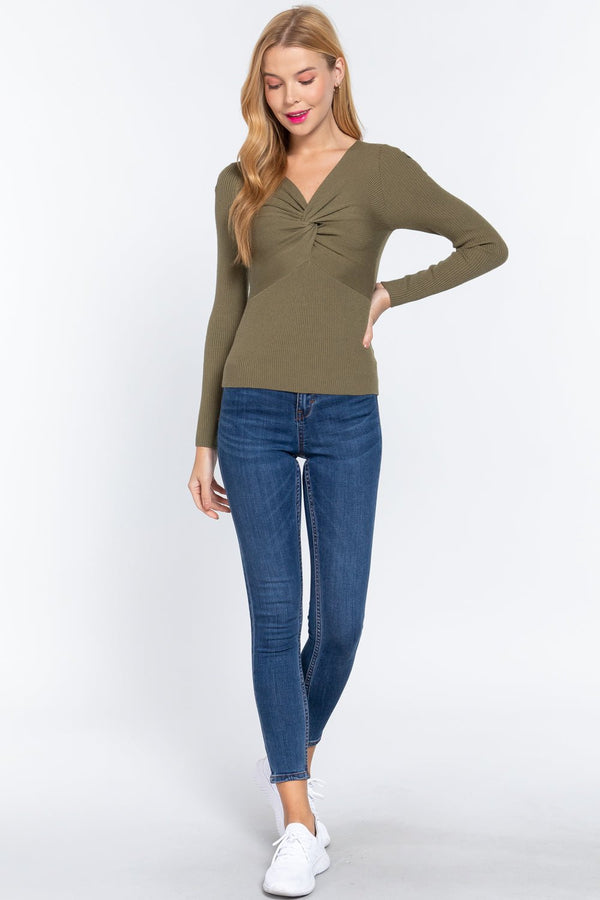 Long Sleeve V - Neck Knotted Sweater - Women's sweater - SmartBuyApparel