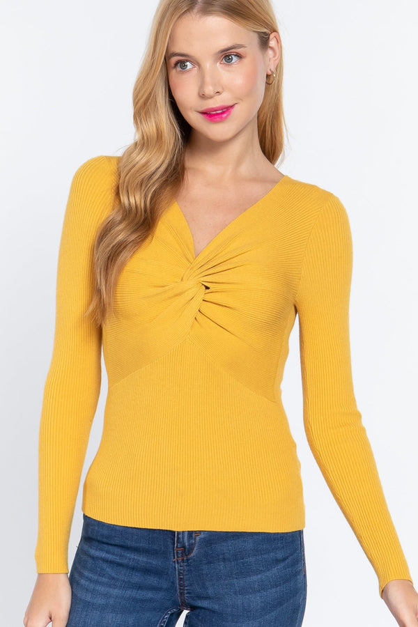 Long Sleeve V - Neck Knotted Sweater - Women's sweater - SmartBuyApparel