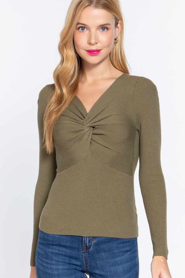 Long Sleeve V - Neck Knotted Sweater - Women's sweater - SmartBuyApparel