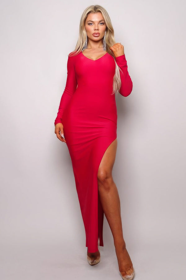 Long Sleeve V Neck Open Back Maxi Dress - Dress - SmartBuyApparel