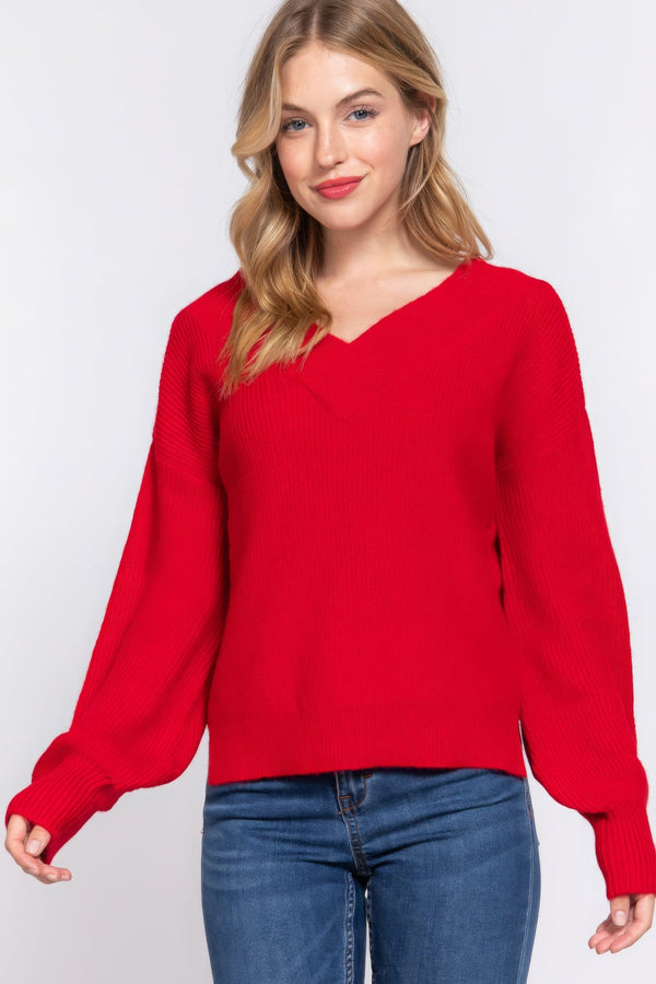 Long Slv Double V - neck Sweater - | SmartBuyApparel