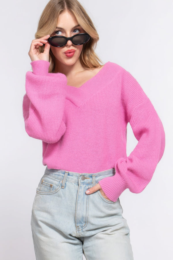 Long Slv Double V - neck Sweater - | SmartBuyApparel