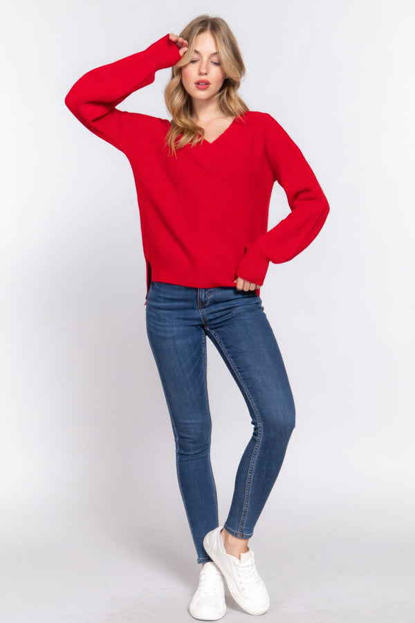 Long Slv Double V - neck Sweater - | SmartBuyApparel