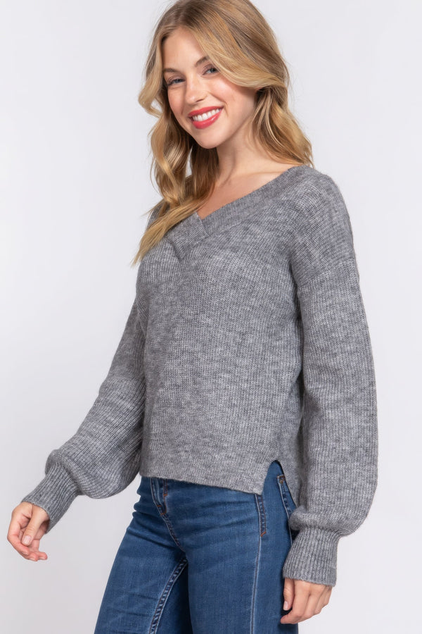 Long Slv Double V - neck Sweater - | SmartBuyApparel