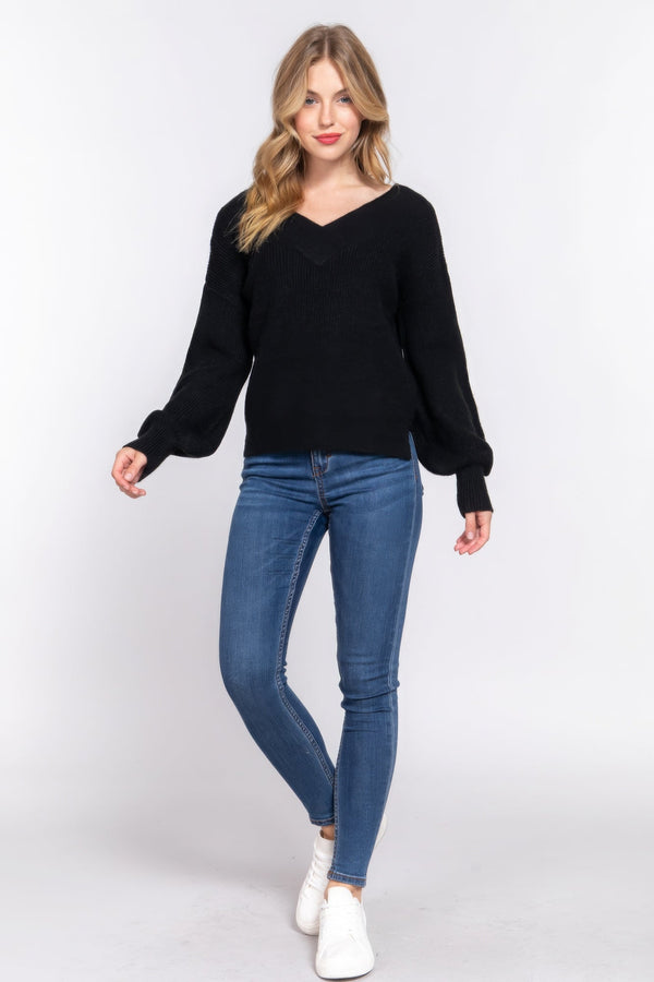 Long Slv Double V - neck Sweater - | SmartBuyApparel