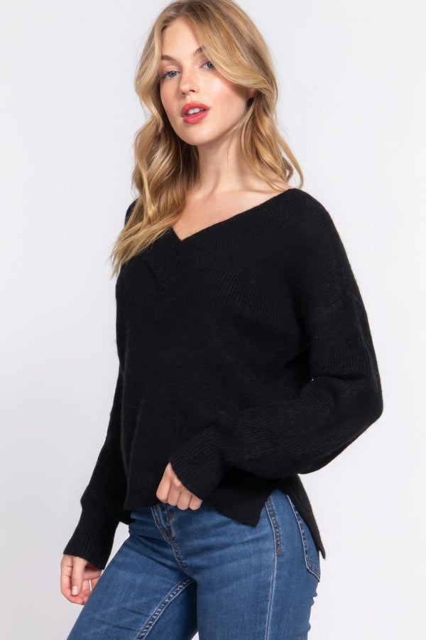 Long Slv Double V - neck Sweater - | SmartBuyApparel