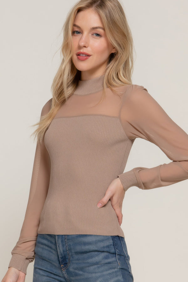Long Slv Mesh Panel Detail Sweater Top - Top - SmartBuyApparel