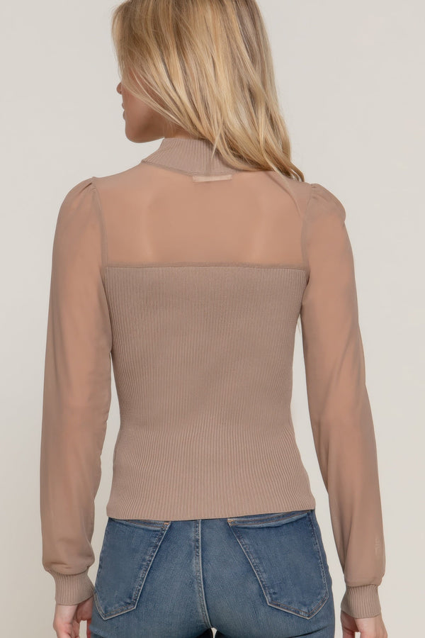 Long Slv Mesh Panel Detail Sweater Top - Top - SmartBuyApparel