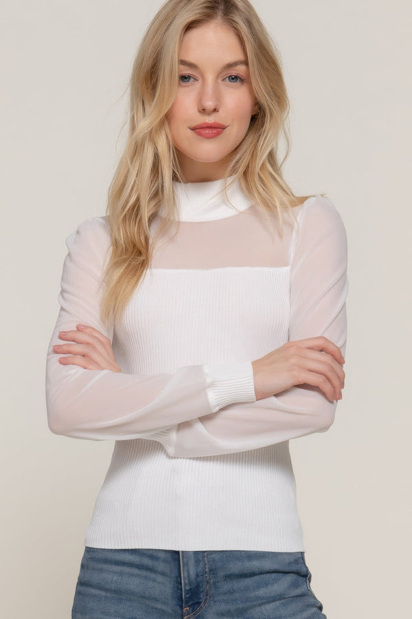 Long Slv Mesh Panel Detail Sweater Top - Top - SmartBuyApparel