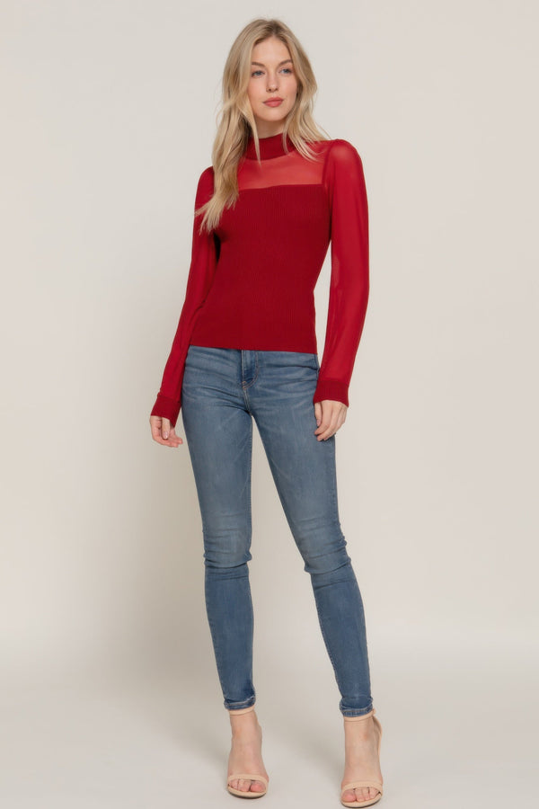 Long Slv Mesh Panel Detail Sweater Top - Top - SmartBuyApparel